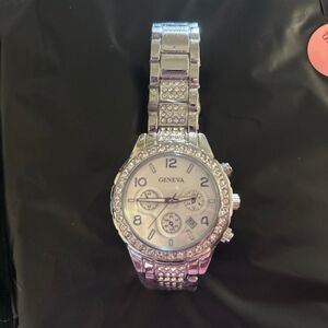 Geneva Silver Chronograph Watch with Crystal Details